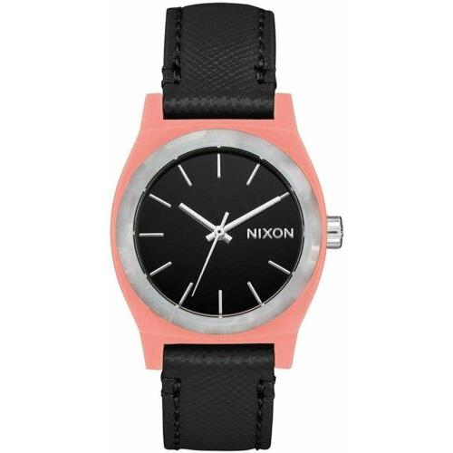 Nixon Medium Time Teller Women`s 31mm Pink Black Leather Watch A1172-3188 - Black Dial, Black Band