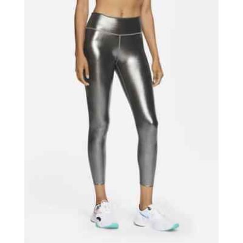 Womens Size XL Nike One Icon Clash Mid Rise 7/8 Shimmer Leggings Silver CU6030