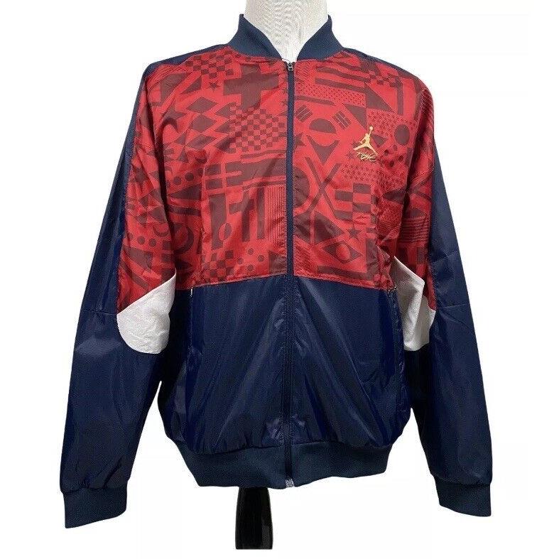 Nike Air Jordan Men`s Fiba Legacy Flight Jacket Blue Red CJ9082-451 Size XL