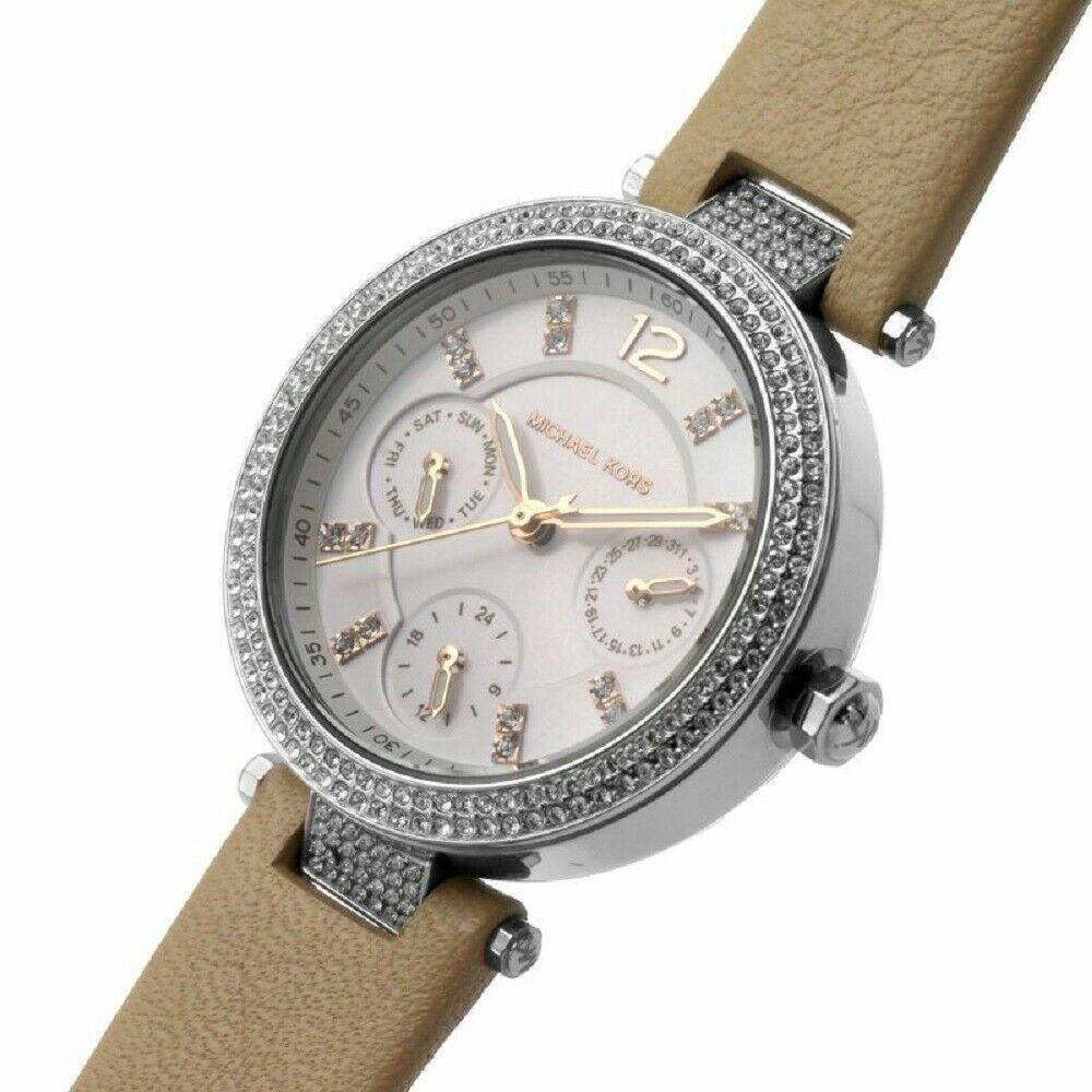 Michael Kors MK2913 Parker White Dial Taupe Brown Leather Band 34mm Watch - Dial: White, Band: Brown, Bezel: Brown