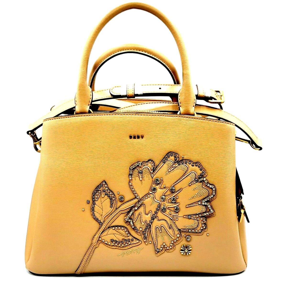 Dkny Paige Floral Leather Satchel Shoulder Women`s Bag Beige Latte Gold