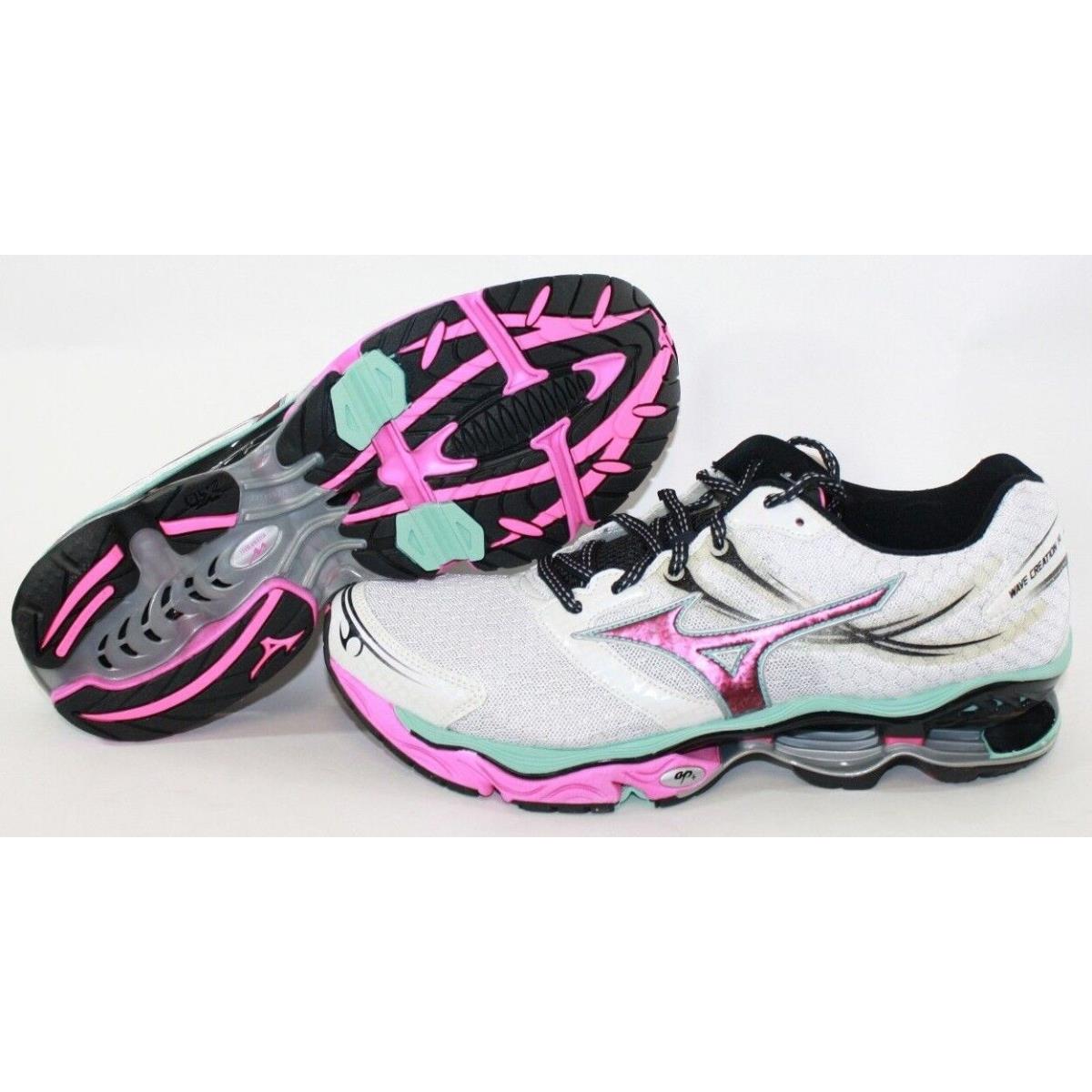 Womens Mizuno Wave Creation 14 White Pink Light Blue Running Sneakers Shoes
