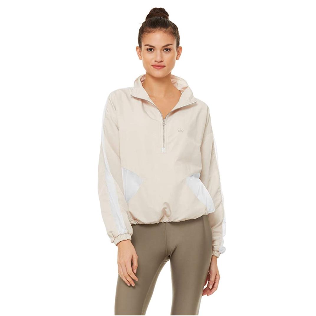 Alo Yoga Womens M Renewal 1/2 Zip Pullover Jacket Bone White Lines Zip Pockets