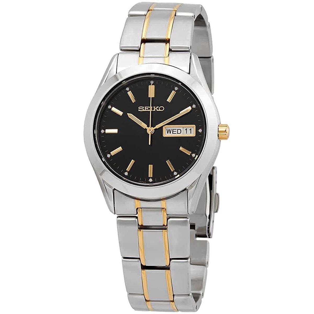 Men`s Essentials Japanese Quartz Black Dial Seiko Two Tone Analog Watch SUR363 - Dial: Black, Band: Silver, Gold, Bezel: Silver