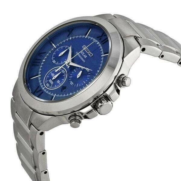 Seiko Men`s Solar Chronograph Blue Dial Silver Bracelet Watch SSC281