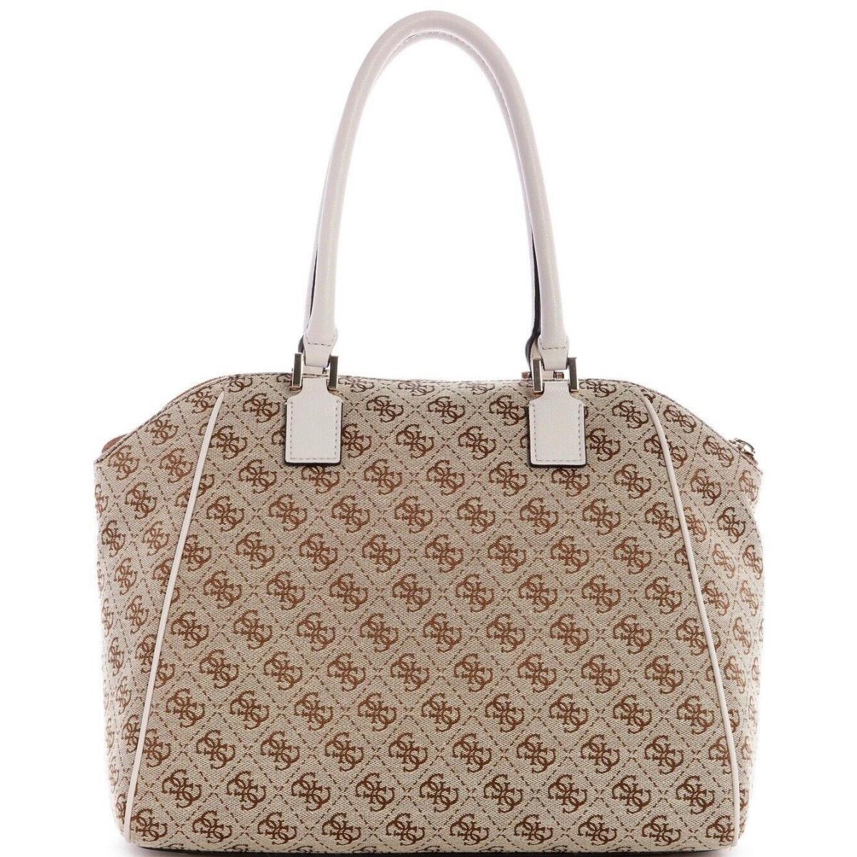 Guess Women`s White Brown Logo Jacquard Satchel Crossbody Bag Tote Handbag