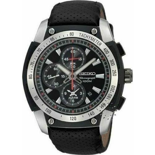 Seiko SNAD47P2 Men`s Black Leather Band Alarm Chronograph Analog Wrist Watch