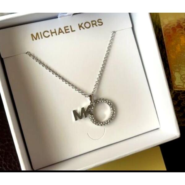 Michael Kors MK Logo Silver Brass Necklace Crystals Pave MKJ7326040 +mk Gift Box