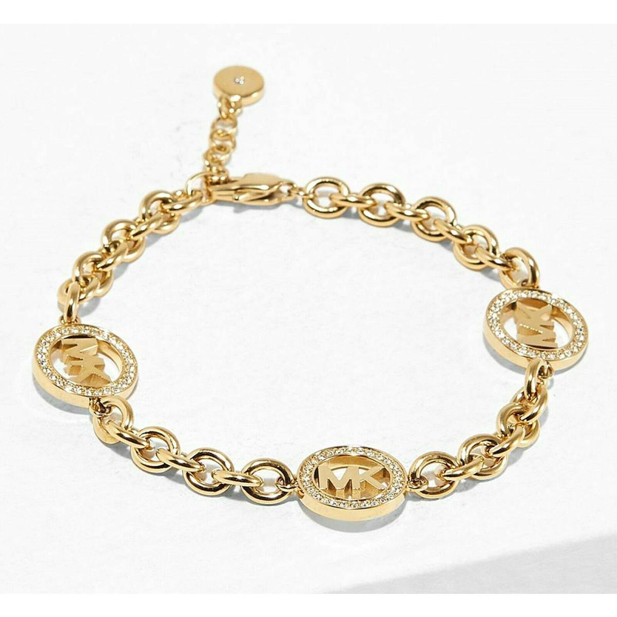 Michael Kors Fulton Logo Yellow Gold Chain Bracelet Crystals MKJ4729710 + MK Box