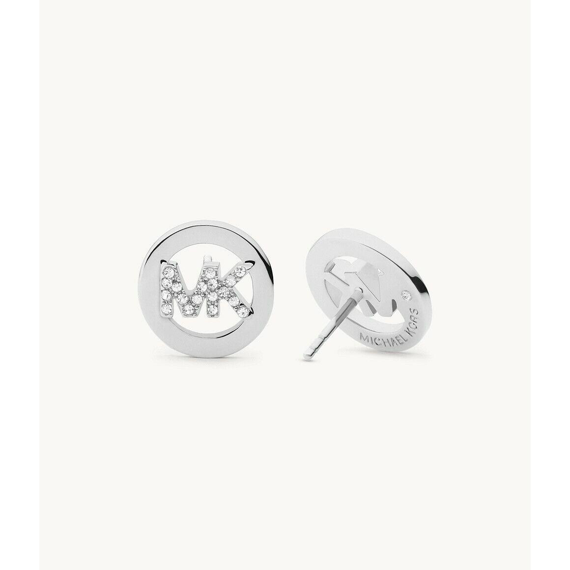 Michael Kors MK Logo Silver Plated Brass Stud Earrings Crystals Pave MKJ7630040