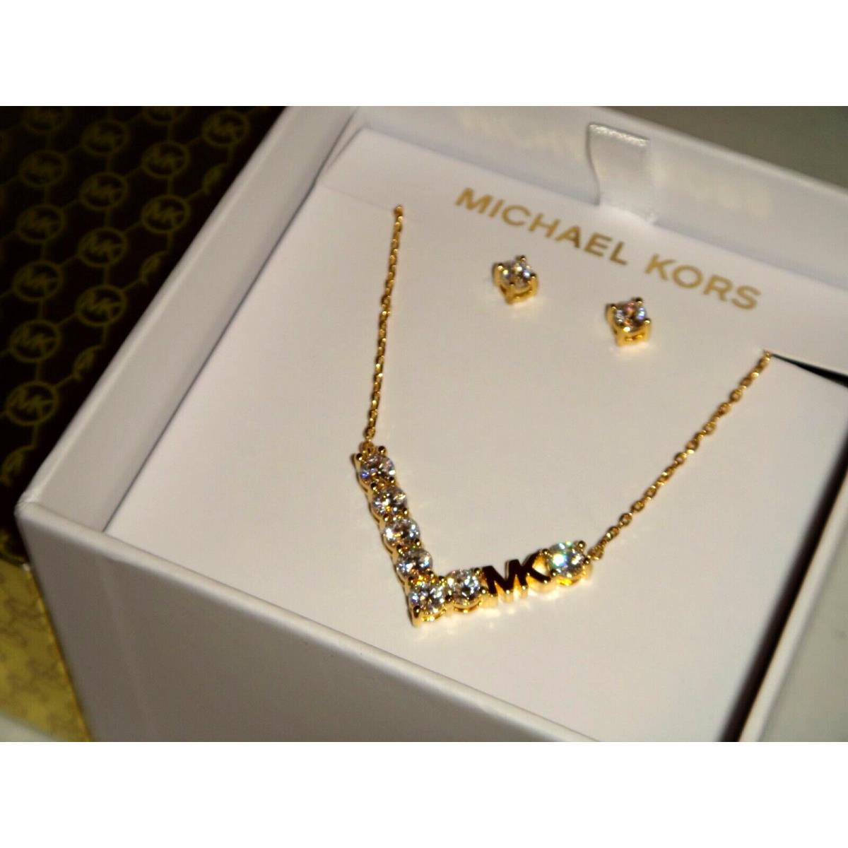 Michael Kors Gift Set Rose Gold Necklace Earrings MK Logo Crystals + MK Box
