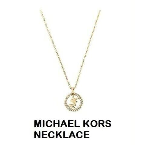 Michael Kors Gold Chain Crystals Logo Hollow Disc 2 Charm Necklace MKJ7325