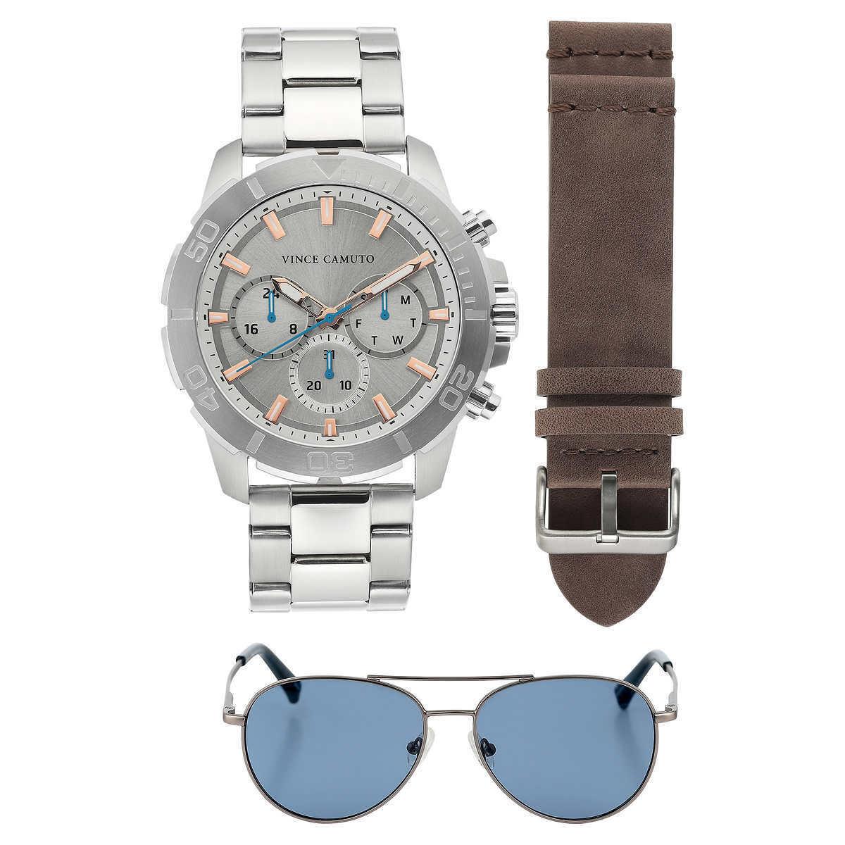 Vince Camuto Chronograph Stainless Steel Mens Watch and Sunglass Set B19 3291