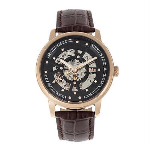 Reign Belfour Automatic Skeleton Leather-band Watch - Rose Gold/black