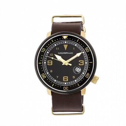 Morphic M58 Series Nato Leather-band Watch w/ Date - Gold/dark Brown