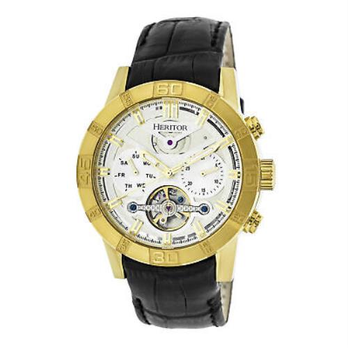 Heritor Automatic Hannibal Semi-skeleton Leather-band Watch - Gold/silver - Silver Dial, Black Band