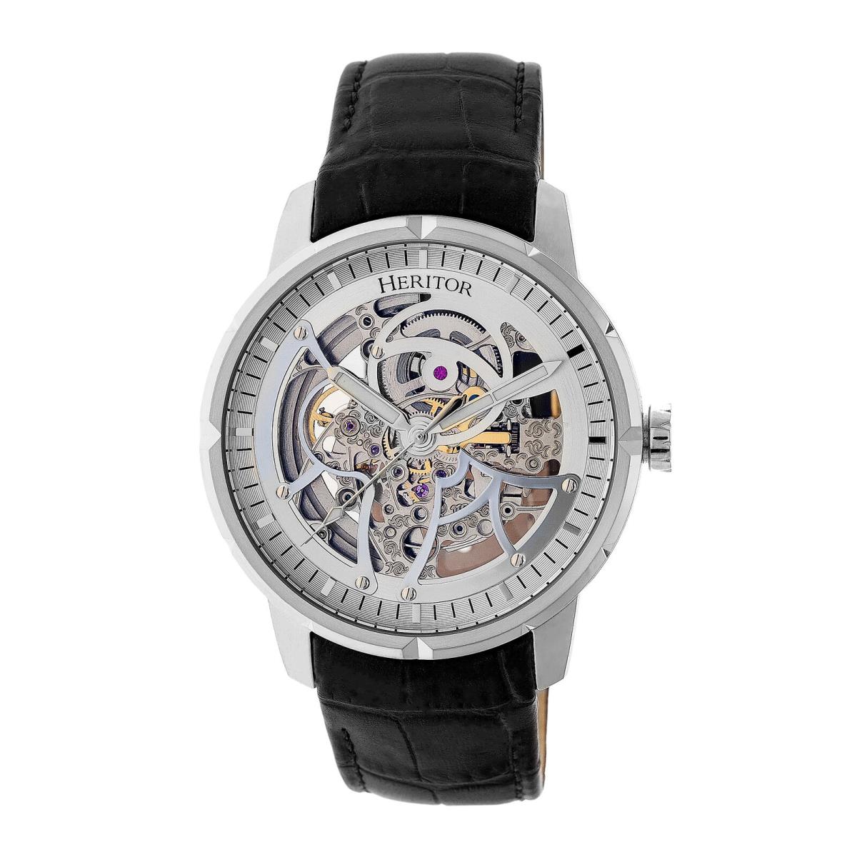 Heritor Automatic Ryder Skeleton Leather-band Watch - Blackwhite - Dial: Silver, Band: Black, Bezel: Silver