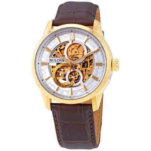 Bulova Classic Sutton Automatic White Dial Men`s Watch 97A138 - Dial: Silver, Band: Brown, Bezel: Yellow Gold-tone