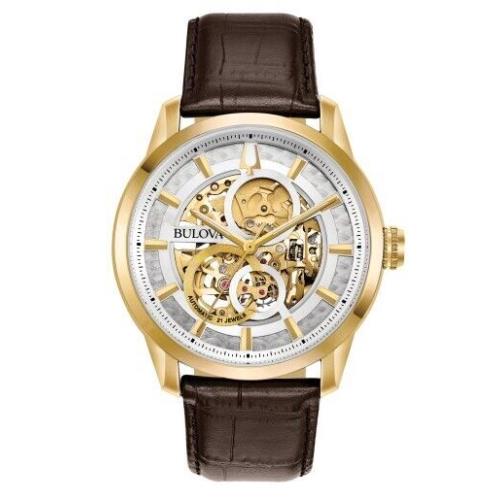 Bulova Classic Sutton Mechanical Automatic Men`s Leather Watch 43 MM 97A138 - Dial: Silver, White, Band: Brown, Bezel: Gold