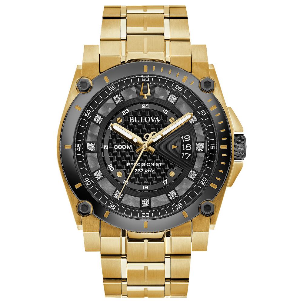 Bulova Precisionist Diamond Gold Tone Black Face Men`s Watch 98D156