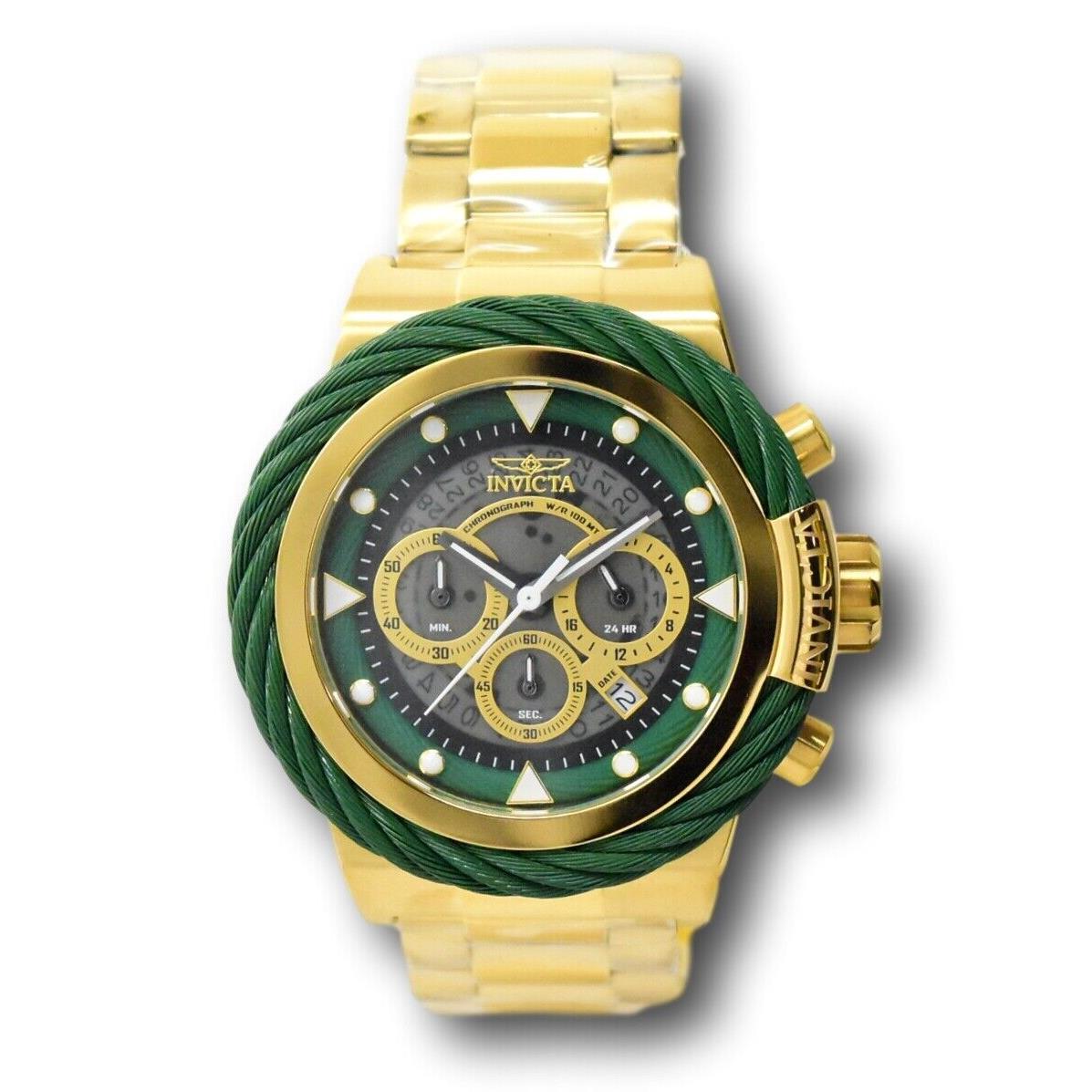 Invicta Bolt Sport Men`s 50mm Gold Green Anatomic Chronograph Watch 27804 - Dial: Gold, Gray, Green, Band: Gold, Yellow, Bezel: Gold, Green