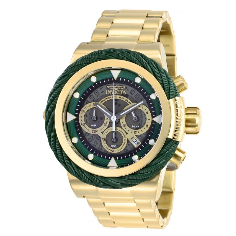 Invicta Bolt Sport Men`s 50mm Gold Green Anatomic Chronograph Watch 27804 - Dial: Gold, Gray, Green, Band: Gold, Yellow, Bezel: Gold, Green