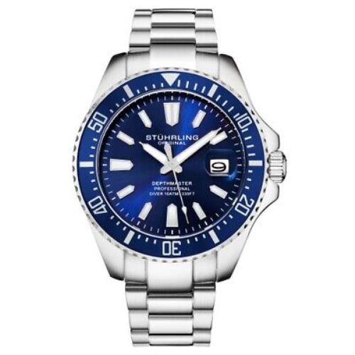 Stuhrling 3950A 2 Aquadiver Date Stainless Steel Blue Dial Mens Watch - Dial: Blue, Band: Silver