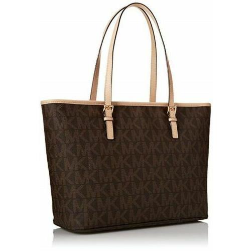 Michael Kors Jet Set Brown MK Signature Zip Tote TZ Bag Gold MK Charm 38F1CT9T3B