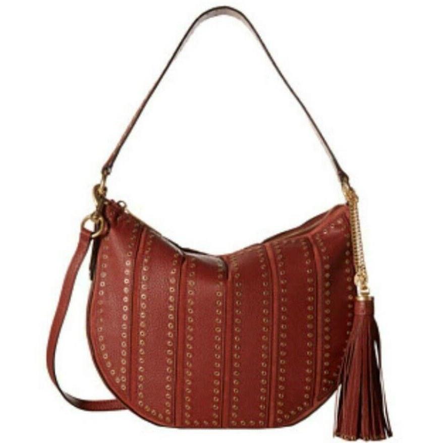 Michael Kors Brooklyn Grommet Brick Red Leather Tassel Hobo Crossbody Bag