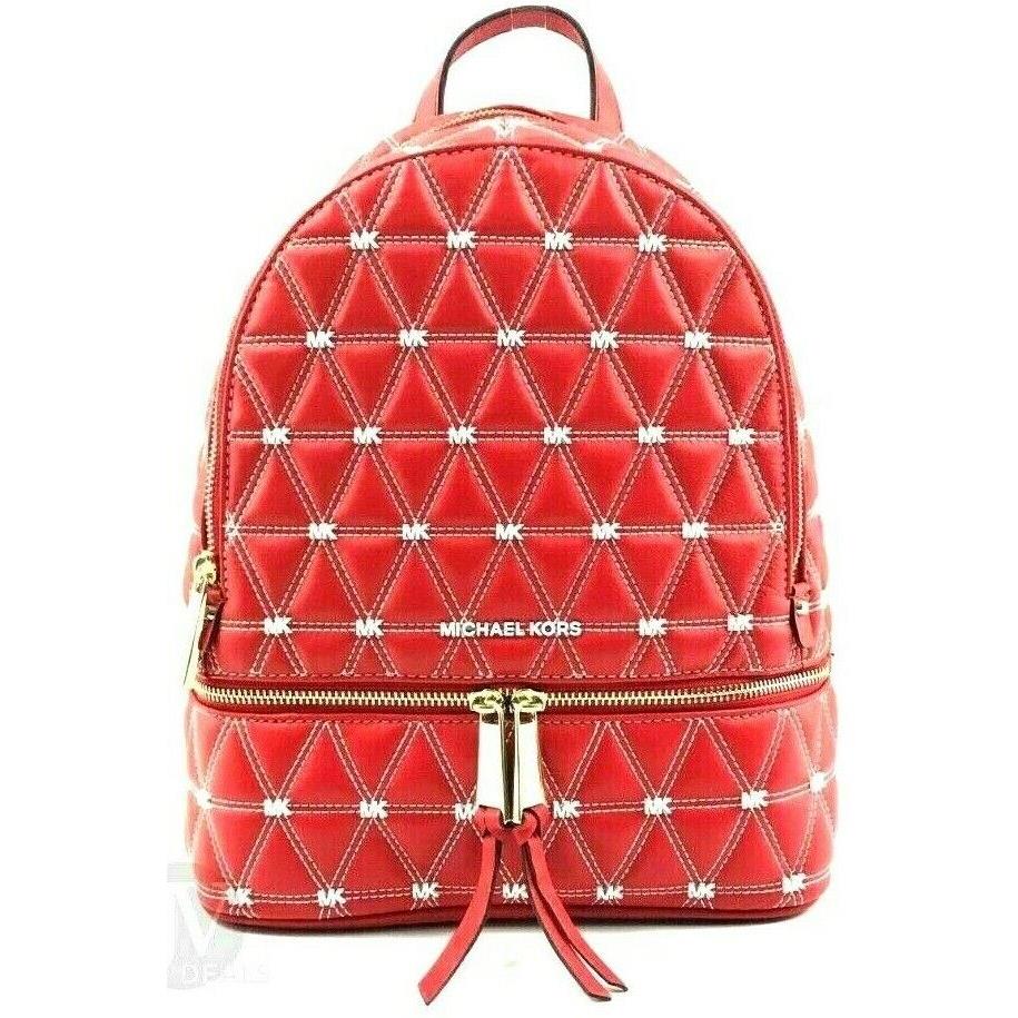 Michael Kors Rhea Zip Backpack Red White Gold Quilted Leather