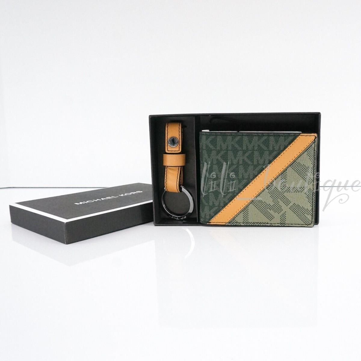 Michael Kors Men`s Gifting Slim Bifold Wallet Key Fob Set Pvc Leather Green