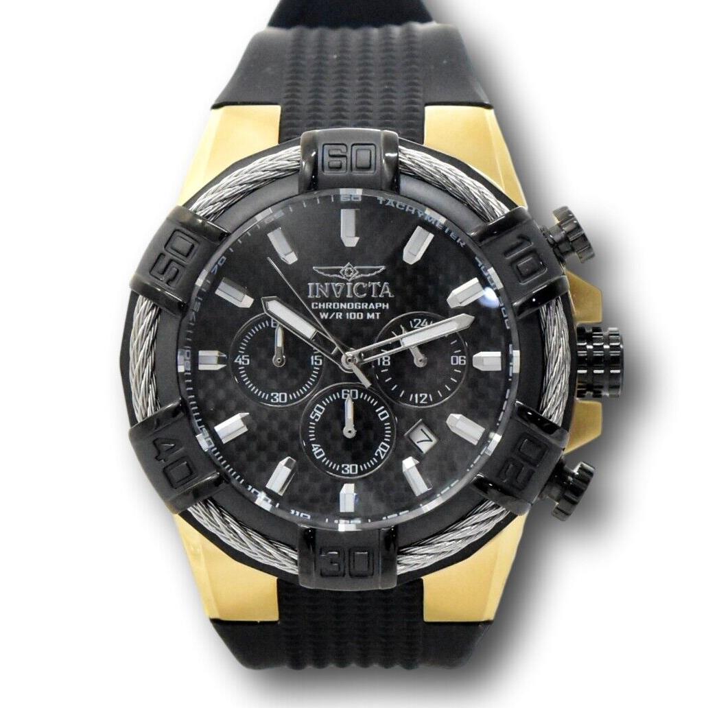 Invicta Bolt Men`s 52mm Black Carbon Fiber Dial Gold Chronograph Watch 35086 - Dial: Black, Band: Black, Bezel: Silver, Gold, Black