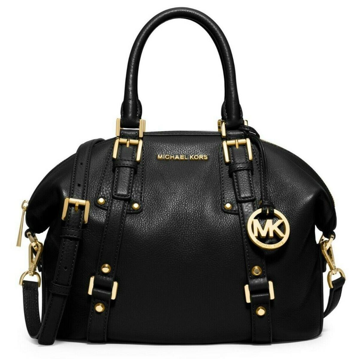 Michael Kors Bedford Belted Black Leather Gold Medium Top Zip Satchel Bag