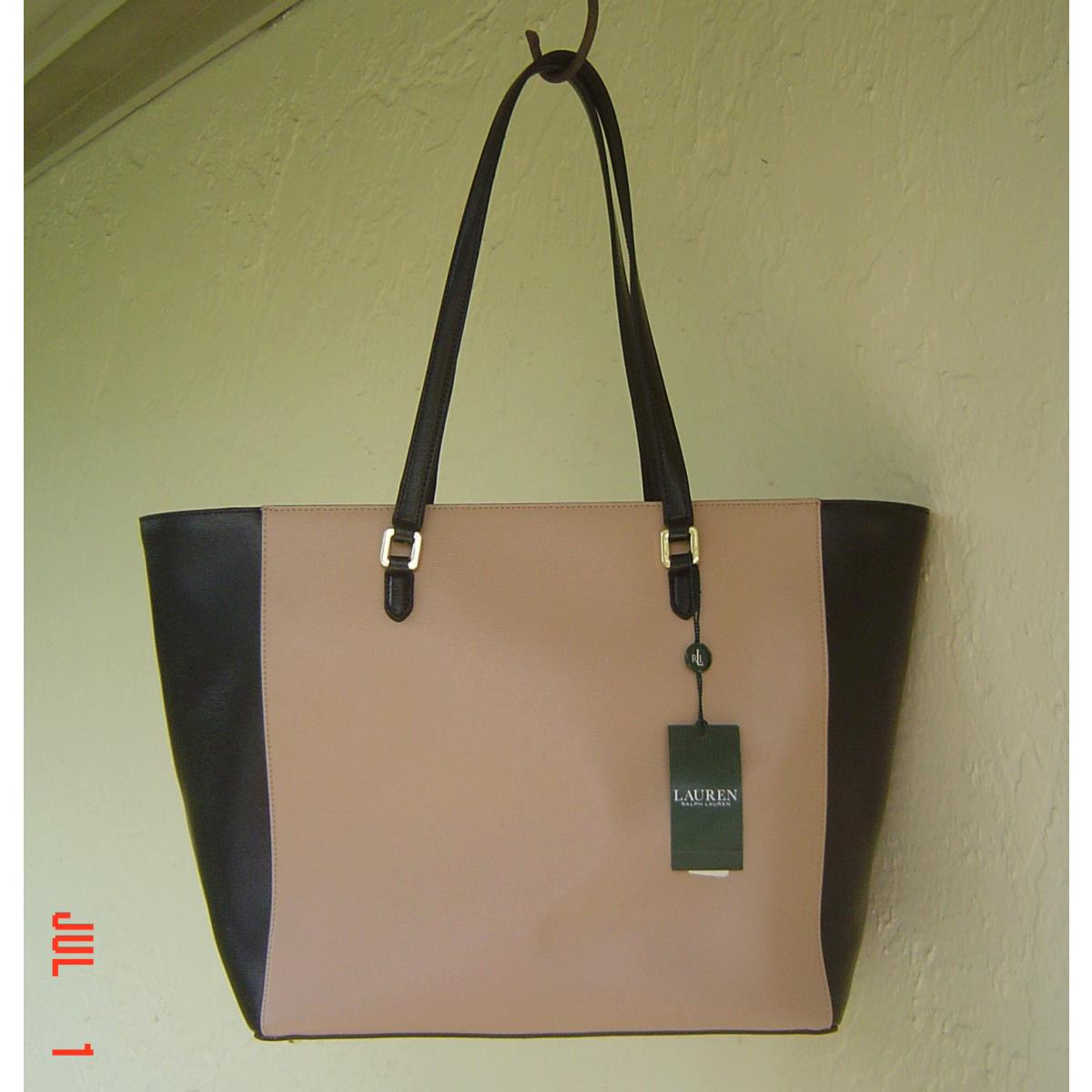 Ralph Lauren Camel Black Leather Top Zip Large Bag Tote