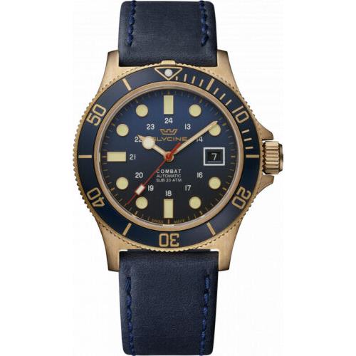 Glycine Men`s GL0374 Combat Sub Bronze 42mm Blue Dial Leather Watch