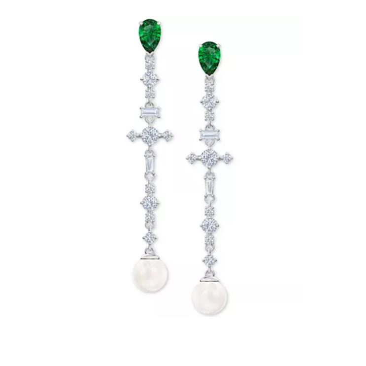 Swarovski Silver-tone Crystal Stone Imitation Pearl Linear Drop Earrings