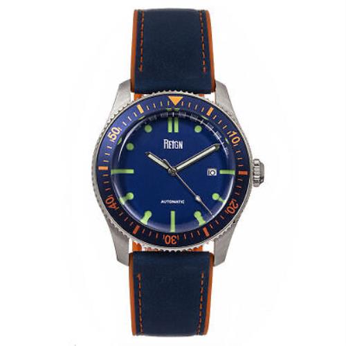 Reign Elijah Automatic Rubber Inlaid Leather-band Watch W/date - Blue/orange