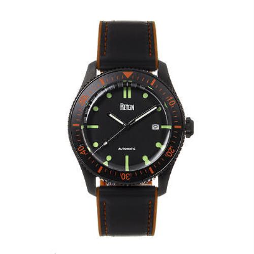 Reign Elijah Automatic Rubber Inlaid Leather-band Watch W/date - Black/orange