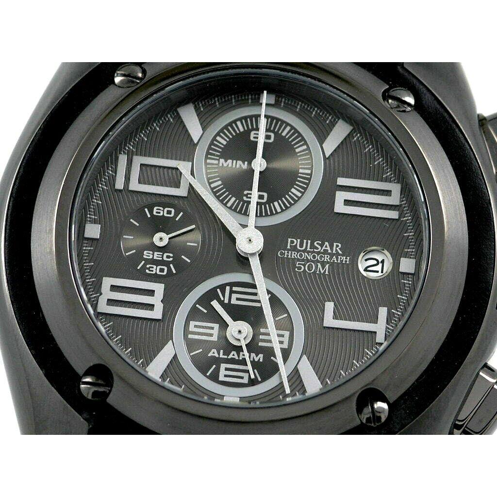 Pulsar BY Seiko PF3721 Black Sport Watch Chronograph Alarm Analog Leather