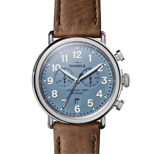 Shinola 47MM Runwell Slate Blue Dial 2-Eye Chronograph British Tan Leather Watch