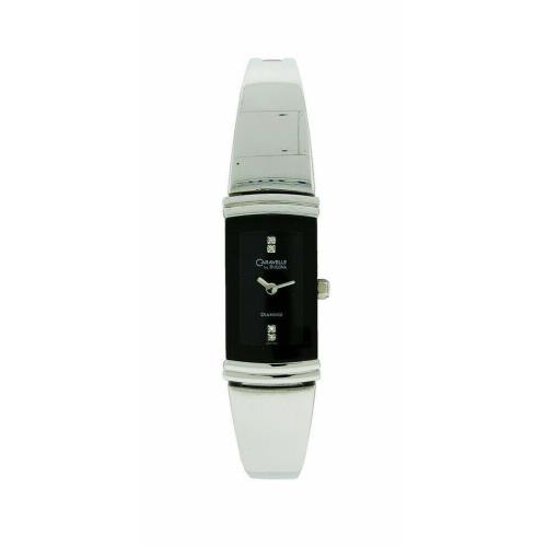 Caravelle by Bulova Diamond Women`s Black Rectangle Bangle Style Watch 43P100 - Black Dial, Silver Band, Silver Bezel