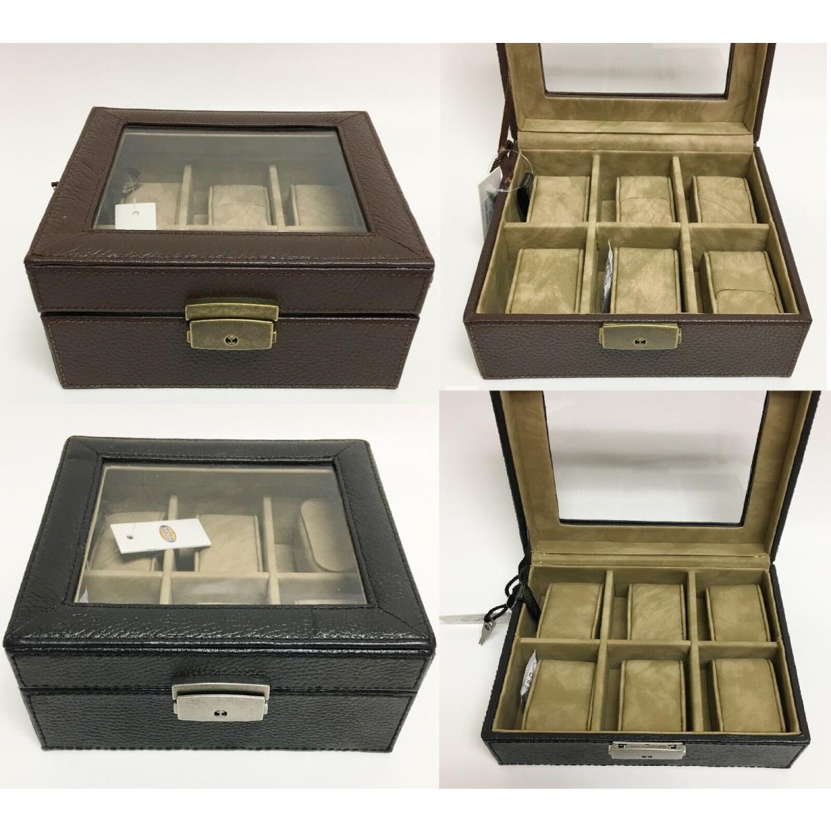 Fossil William Black Brown Leather 6 PC Watch Jewelry Lockable Key Lock Box