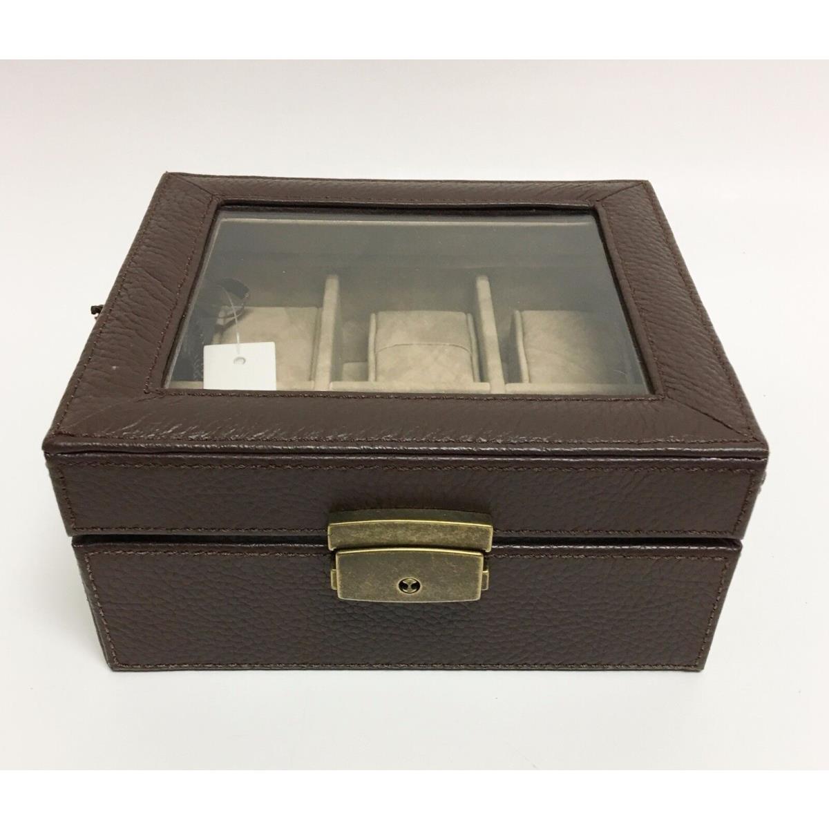 Fossil William Black Brown Leather 6 PC Watch Jewelry Lockable Key Lock Box BROWN 1145200