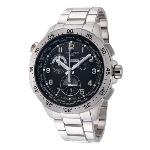 Hamilton Men`s Khaki Aviation Worldtimer H76714135 45mm Quartz Watch - Black Dial, Silver Tone Band, Black Other Dial