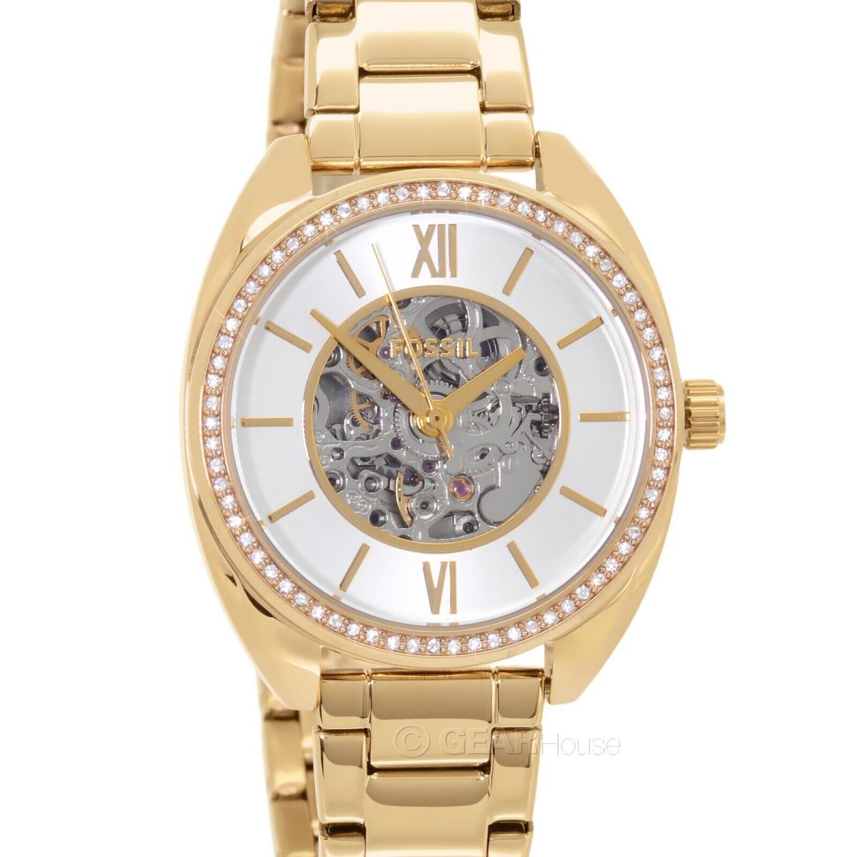 Fossil Vale Womens Gold Automatic Watch Silver Skeleton Dial Glitz Crystals