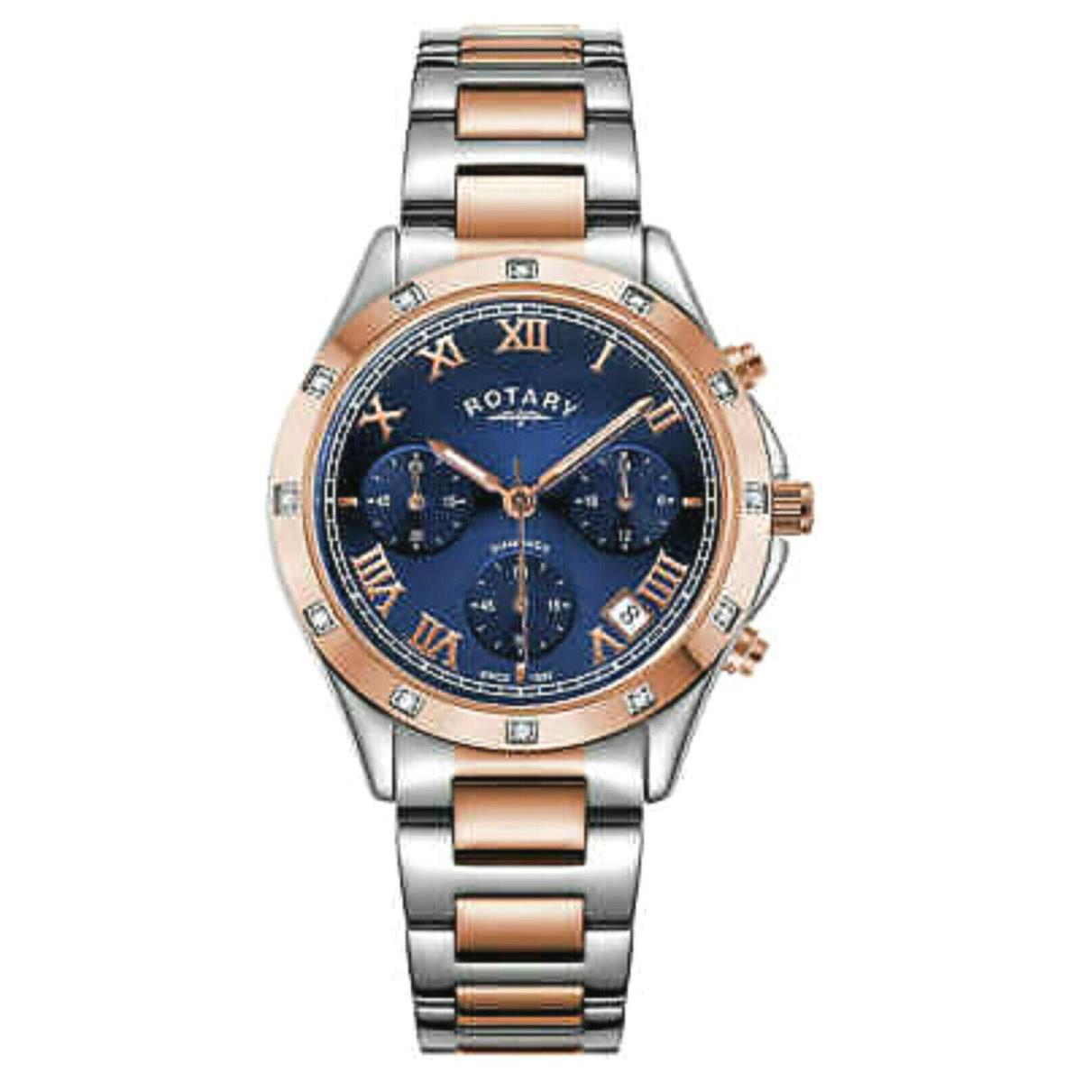Rotary LB00063/05 Rose Gold Silver Tone Stainless Diamond Chronograph Watch