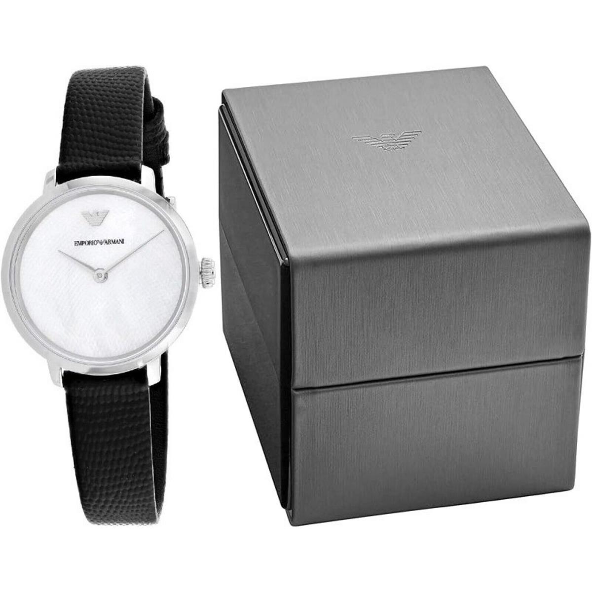 Emporio Armani Kappa Petite Silver Black Leather Mop Womens AR11159 Dress Watch