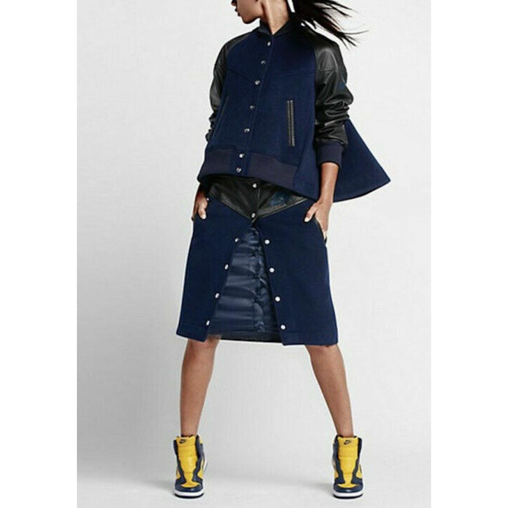 Nike Nikelab X Sacai Windrunner Wool Blend Blue Midi Skirt with Leather Trim