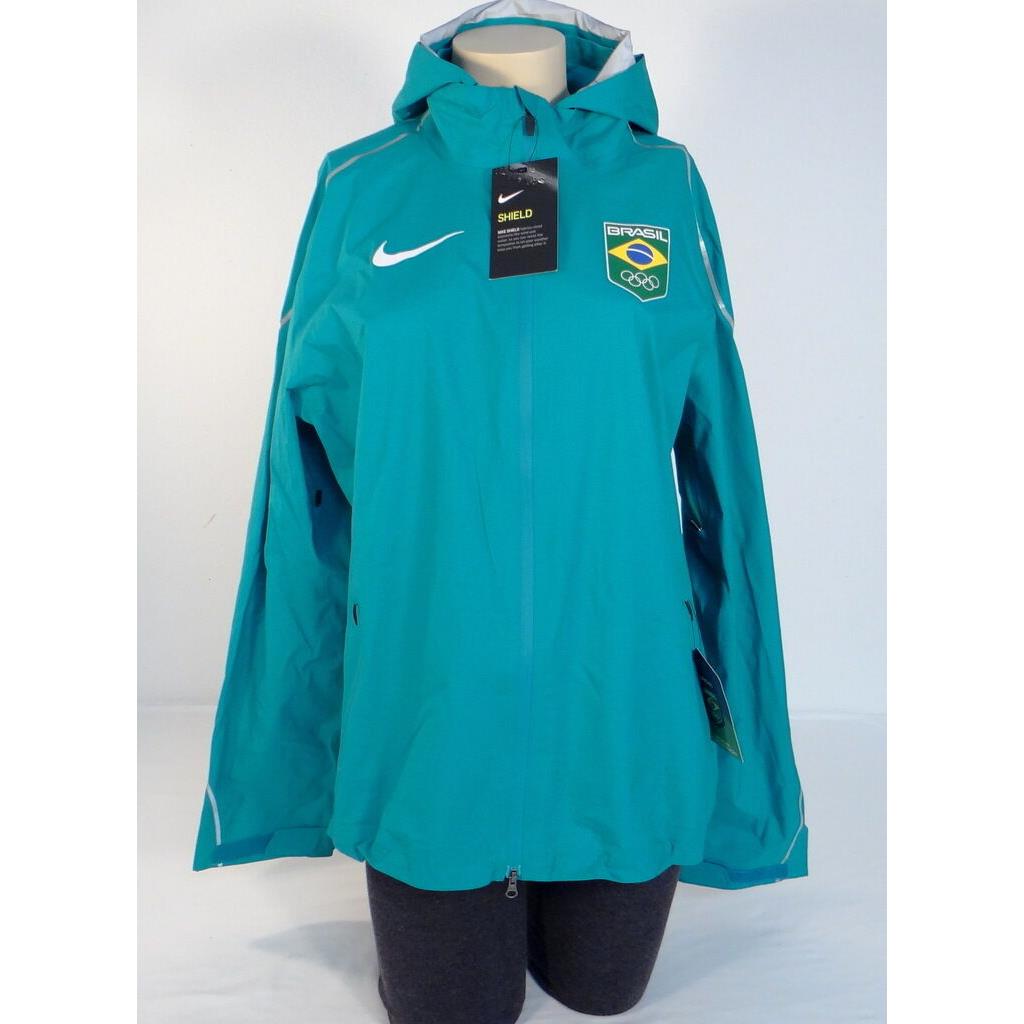 Nike Shield Team Brazil Teal Zip Front Hooded Running Jacket Brasil Women`s