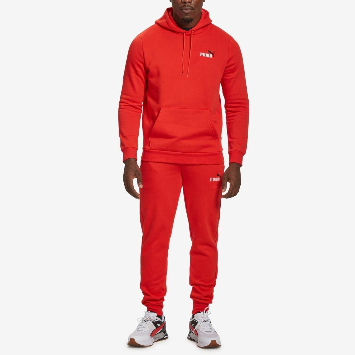 Men`s Puma Essential Embroidery Logo Sweat Hoodie + Matching Pants Tracksuits High Risk Red
